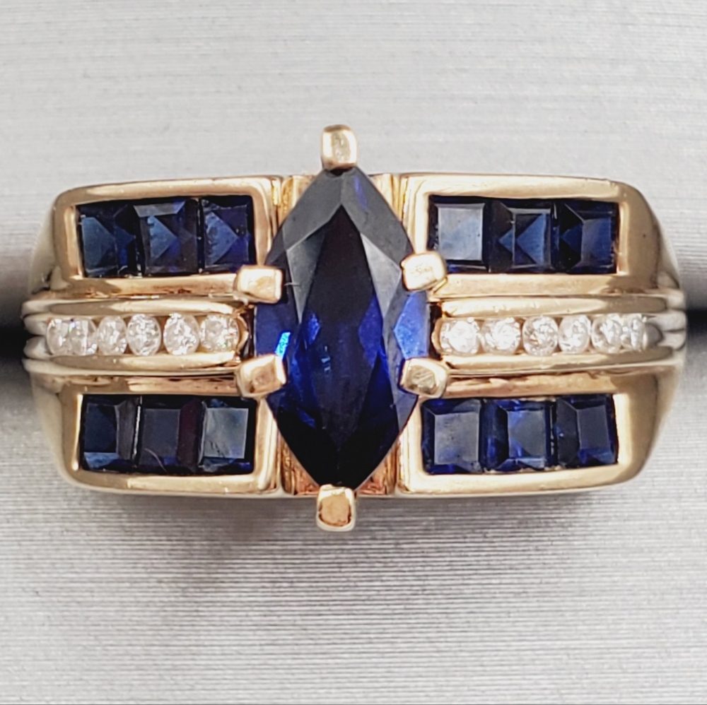 Solid Yellow Gold Genuine Marquise Blue Sapphire & Diamond Statement Ring 10k